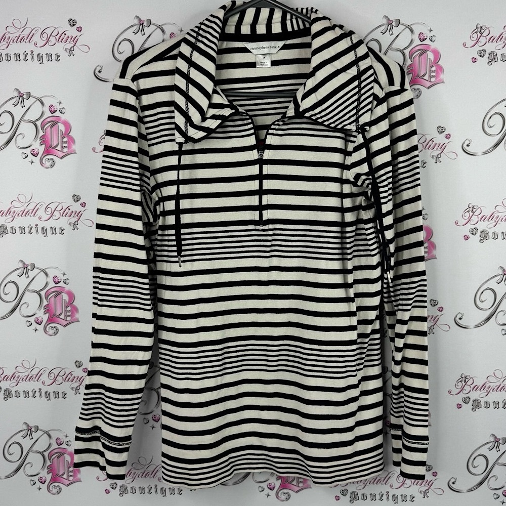 Christopher & Banks top long sleeve Black White Striped zip Down Shirt sweater